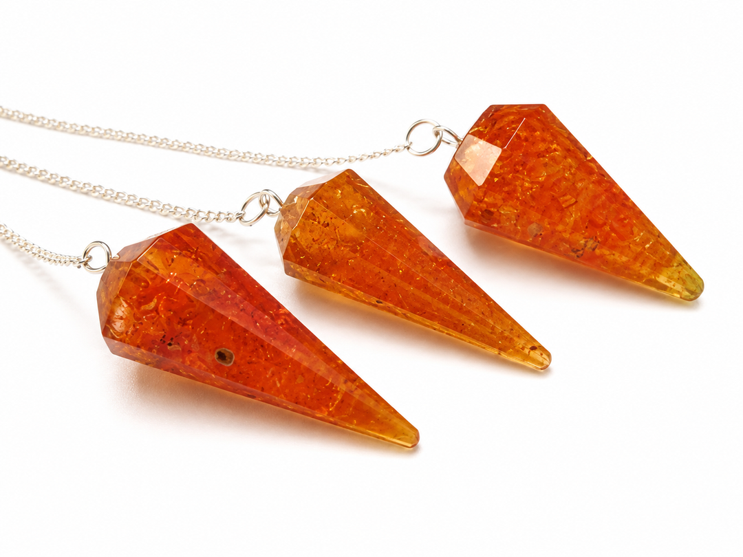 Reconstituted Amber 6 Sided Pendulum with Clear Quartz Holding Bead