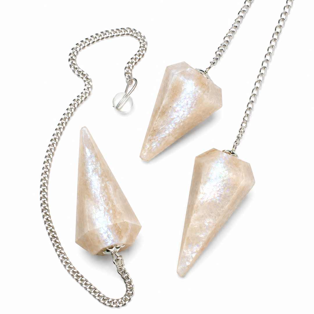 Pastel Moonstone (Cream Moonstone) 6 Sided Pendulum with Clear Quartz Holding Bead