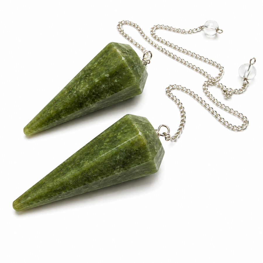 Two green stone cone pendants on silver chains with clear crystal ball charms, displayed on a clean white background.