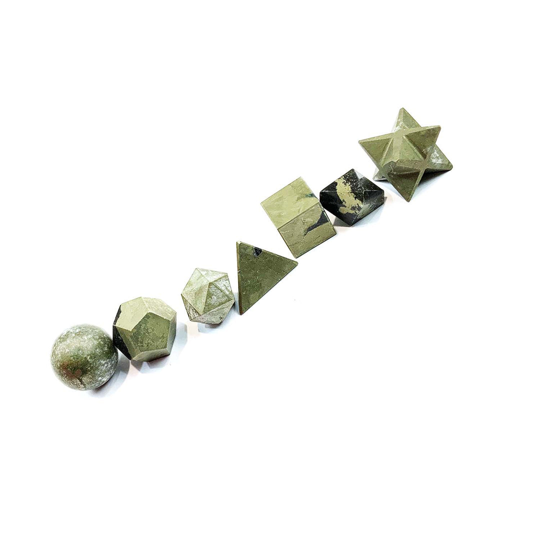 Healer’s Gold Platonic Solids Set by GeoFossils – 7-piece set featuring sacred geometric shapes in Healer’s Gold, ideal for grounding, protection, and connecting with the Root and Solar Plexus Chakras, associated with the Earth and Fire elements.
