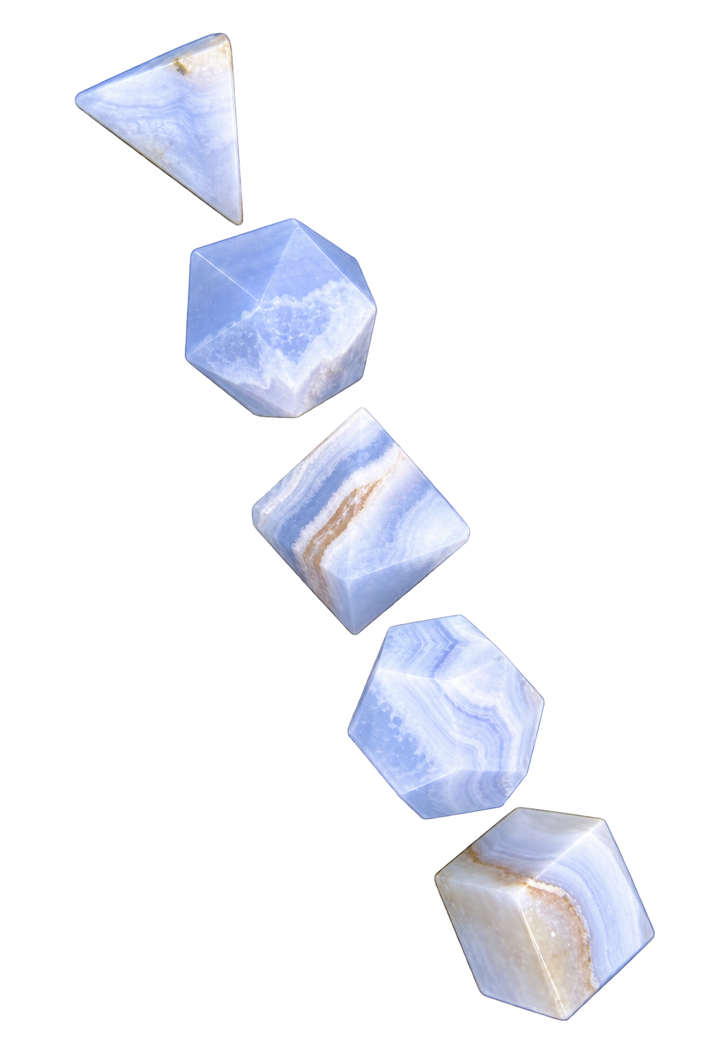 Five polished Blue Lace Agate Platonic solids with pale blue and white banding, arranged diagonally — GeoFossils.