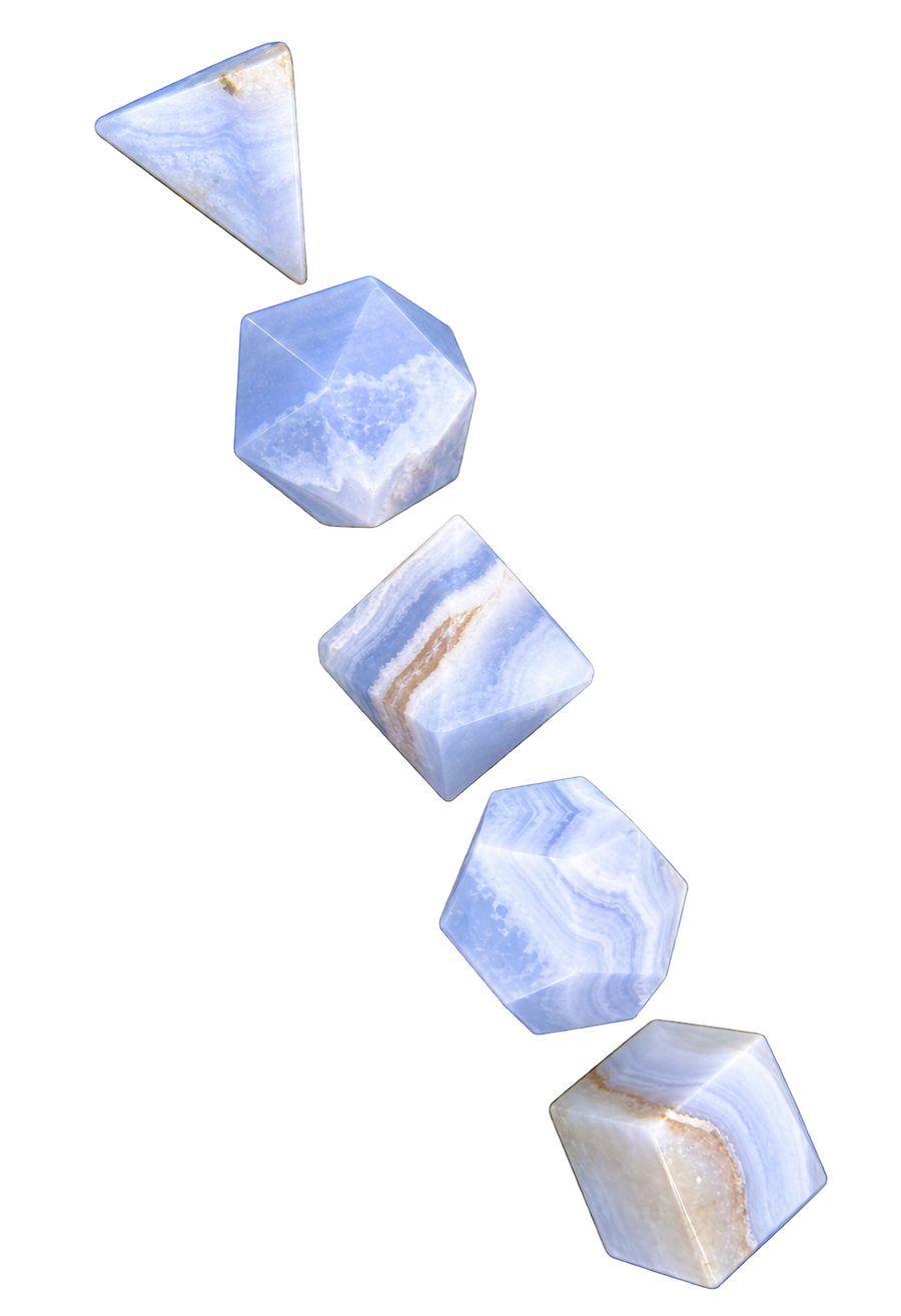 Five polished Blue Lace Agate Platonic solids with pale blue and white banding, arranged diagonally — GeoFossils.