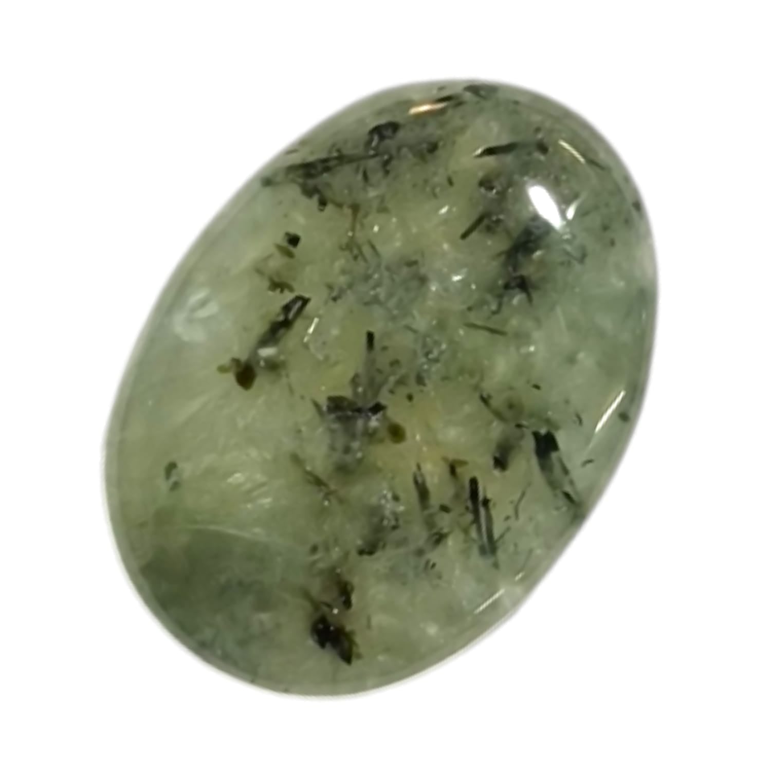 Prehnite with Epidote Medium Oval – a soft green crystal with dark inclusions, known for emotional healing, abundance, and transformation.