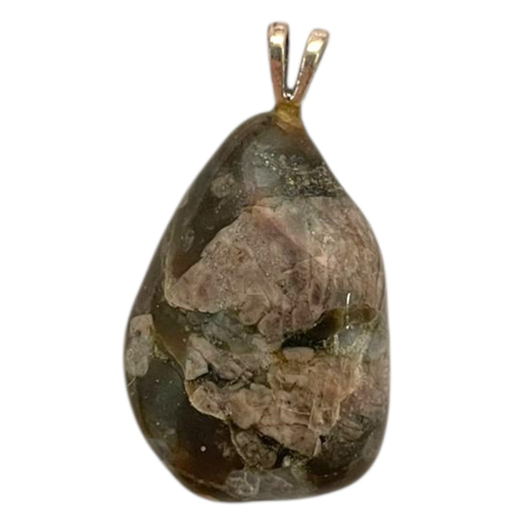 Que Sera pendant with blue, pink and grey tones set in hallmarked sterling silver – crystal necklace for empowerment, emotional balance and intuitive insight