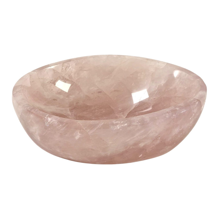 GeoFossils One-off oval bowl carved from premium rose quartz with soft pink tones, featured in a live auction for crystal collectors.
