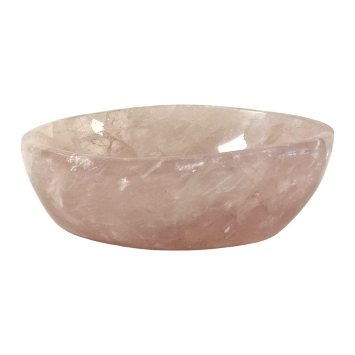 GeoFossils One-off oval bowl carved from premium rose quartz with soft pink tones, featured in a live auction for crystal collectors.