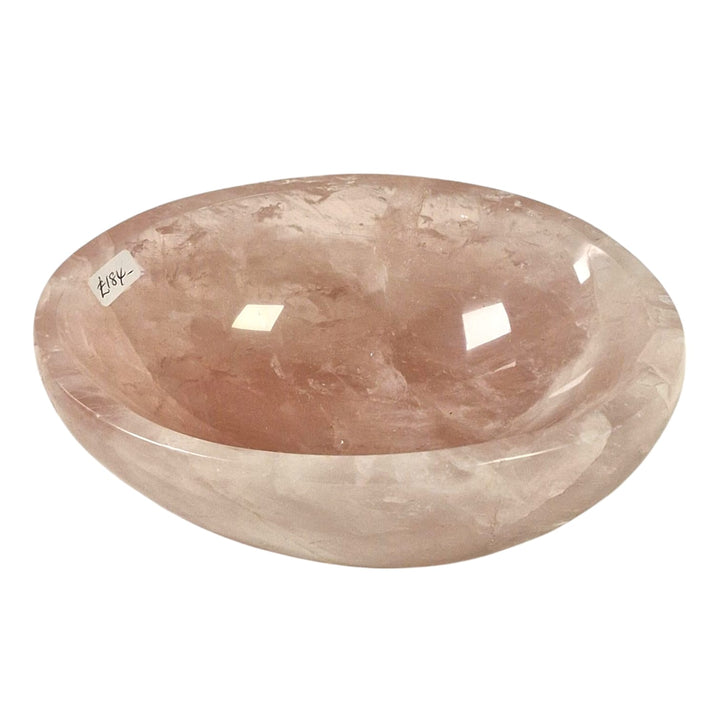 GeoFossils One-off oval bowl carved from premium rose quartz with soft pink tones, featured in a live auction for crystal collectors.
