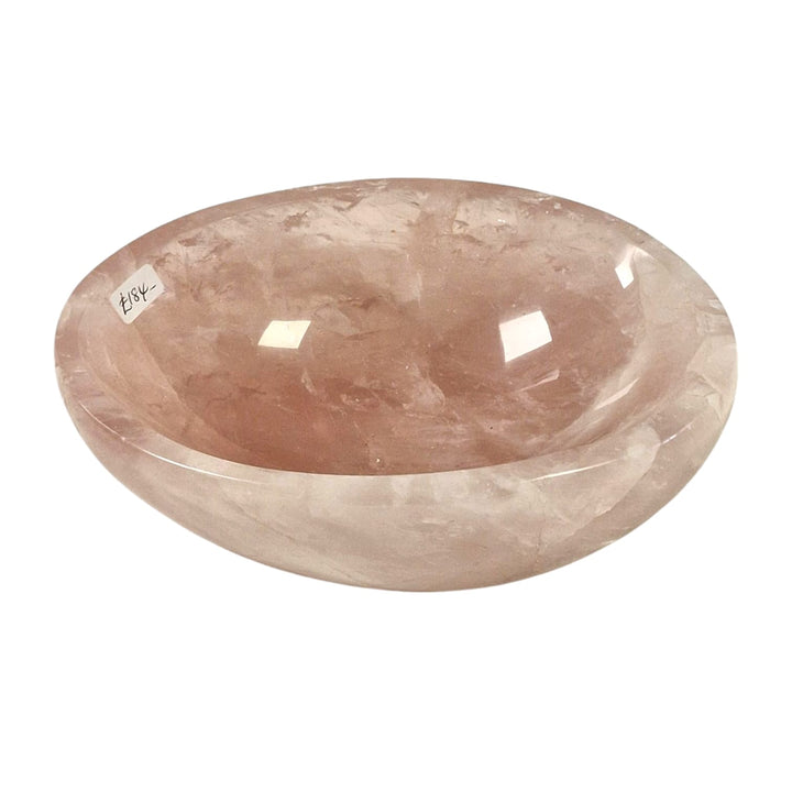 GeoFossils One-off oval bowl carved from premium rose quartz with soft pink tones, featured in a live auction for crystal collectors.