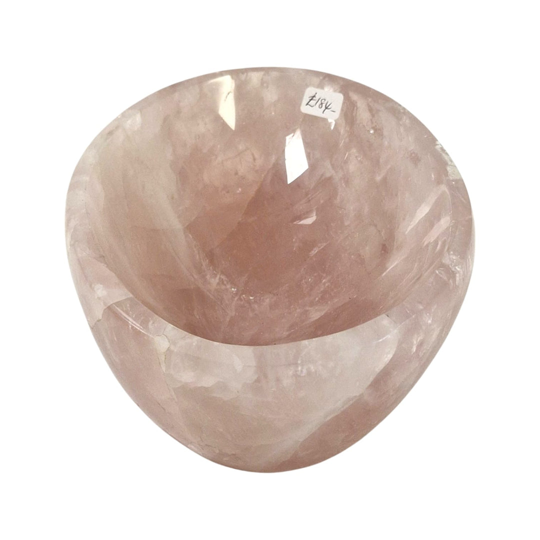 GeoFossils One-off oval bowl carved from premium rose quartz with soft pink tones, featured in a live auction for crystal collectors.