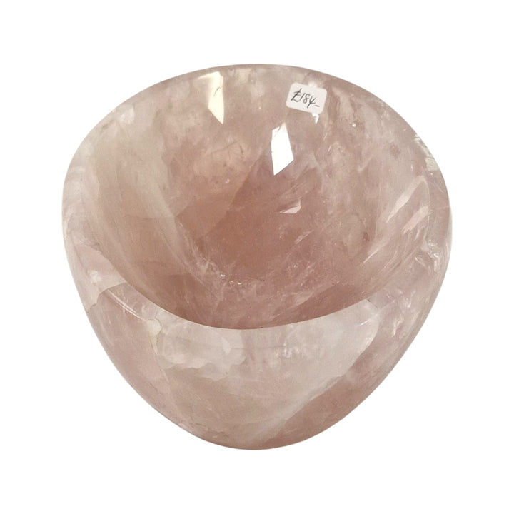 GeoFossils One-off oval bowl carved from premium rose quartz with soft pink tones, featured in a live auction for crystal collectors.