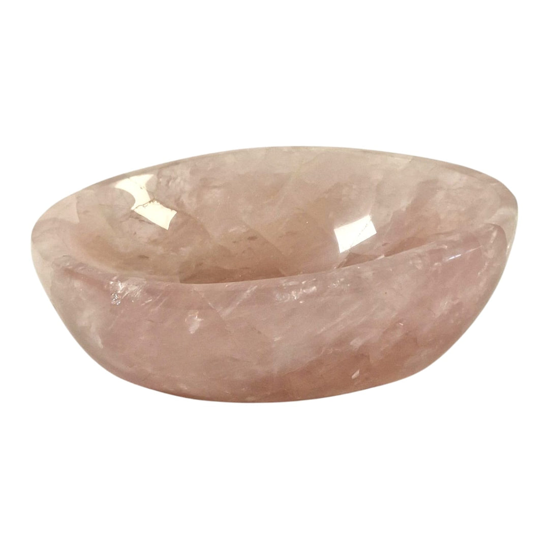 GeoFossils One-off oval bowl carved from premium rose quartz with soft pink tones, featured in a live auction for crystal collectors.
