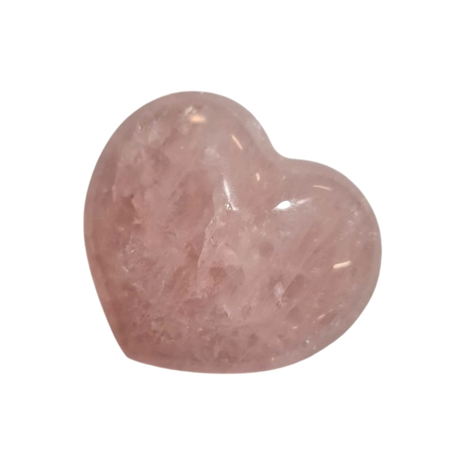 GeoFossils polished rose quartz heart stone with a soft pink hue, resting against a neutral background. The stone has a smooth, rounded shape with subtle natural variations in colour and a gentle, calming glow. The delicate pastel pink tones of the rose quartz heart evoke feelings of love, compassion, and tranquility.