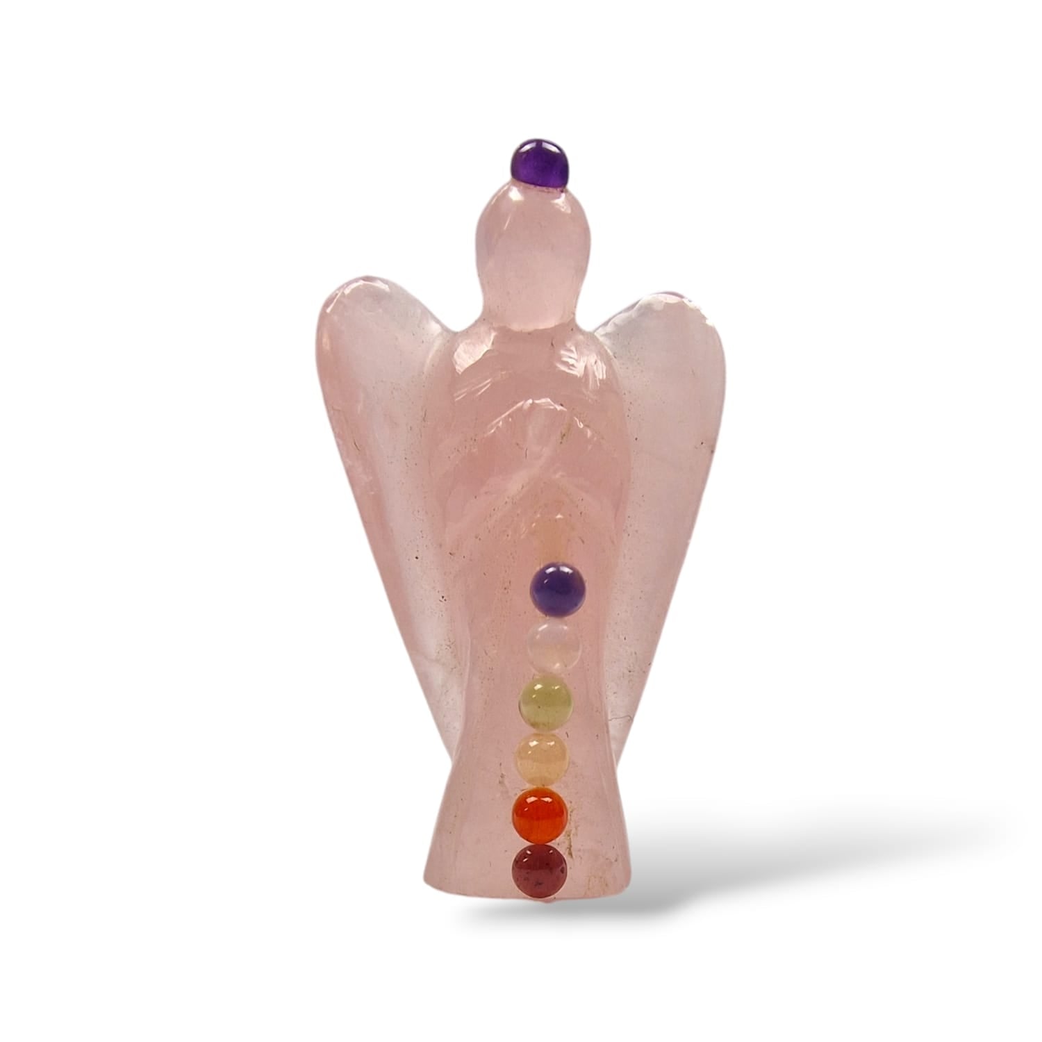 GeoFossils Rose Quartz 50mm Angel featuring seven chakra gemstones: Garnet (Root Chakra), Carnelian (Sacral Chakra), Citrine (Solar Plexus Chakra), Peridot (Heart Chakra), Rainbow Moonstone (Throat Chakra), Iolite (Third Eye Chakra), and Amethyst (Crown Chakra). A symbol of love and healing, perfect for chakra alignment and emotional balance.