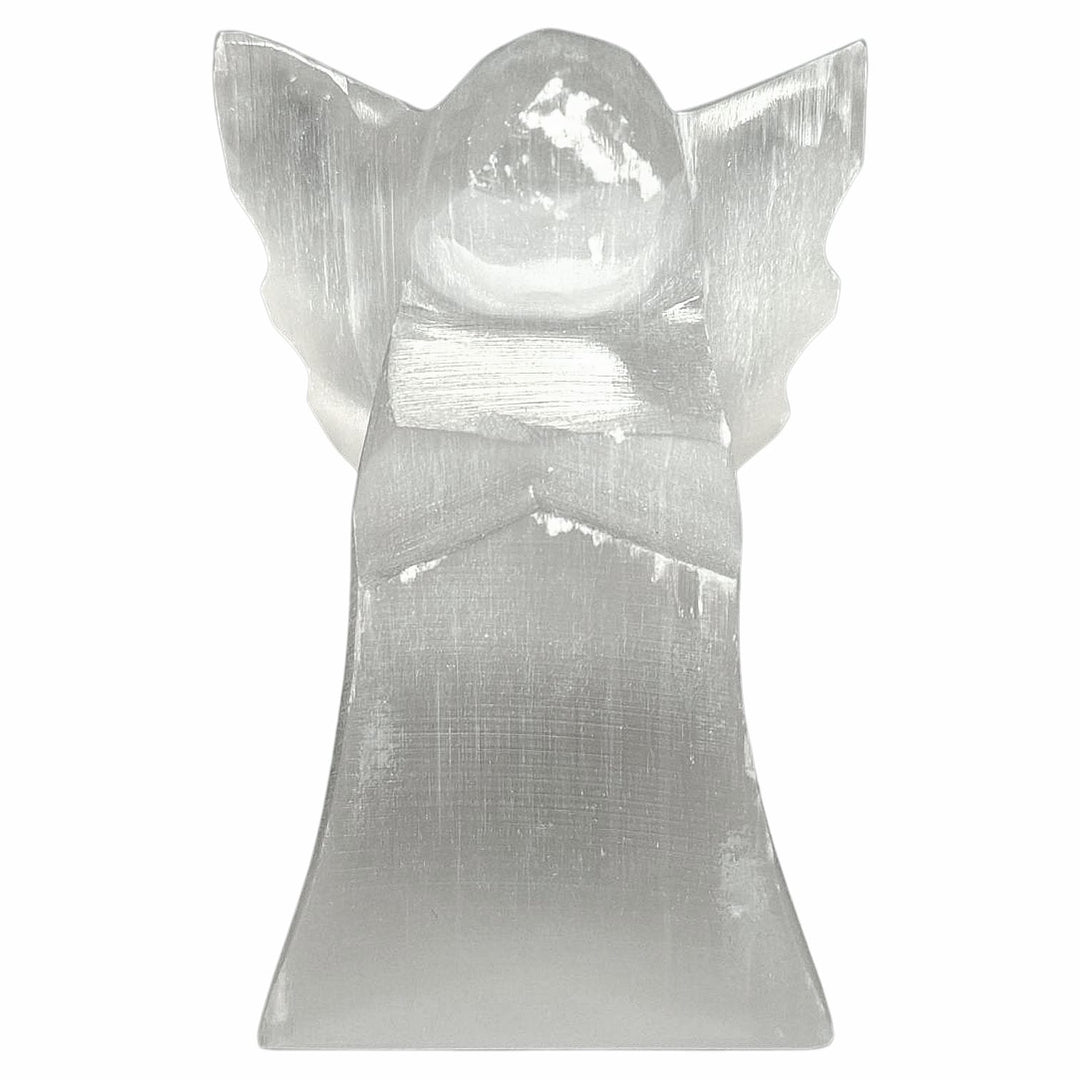 Polished 55mm selenite angel carved from white crystal – used for peace, protection, and spiritual connection in sacred spaces