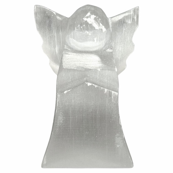 Polished 55mm selenite angel carved from white crystal – used for peace, protection, and spiritual connection in sacred spaces