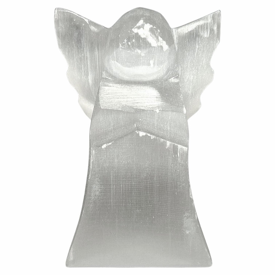 Polished 55mm selenite angel carved from white crystal – used for peace, protection, and spiritual connection in sacred spaces