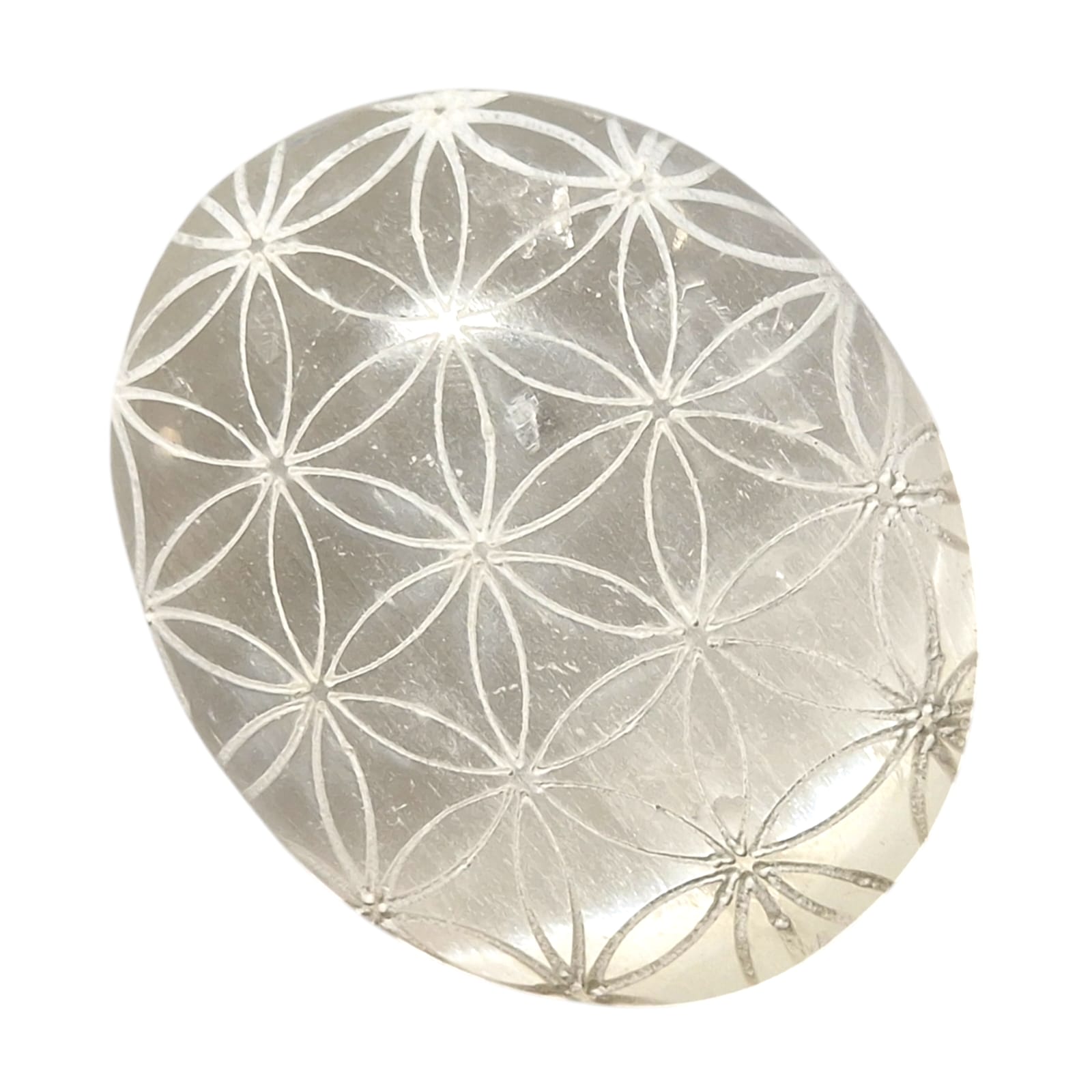 Selenite Flower of Life Medium Oval Palm Stone by GeoFossils – smooth, medium-sized oval selenite stone with engraved Flower of Life, perfect for spiritual cleansing, harmony, and connecting with the Crown Chakra.