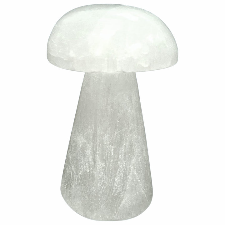 selenite mushroom with smooth white finish – used for grounding energy, spiritual clarity, and crystal décor