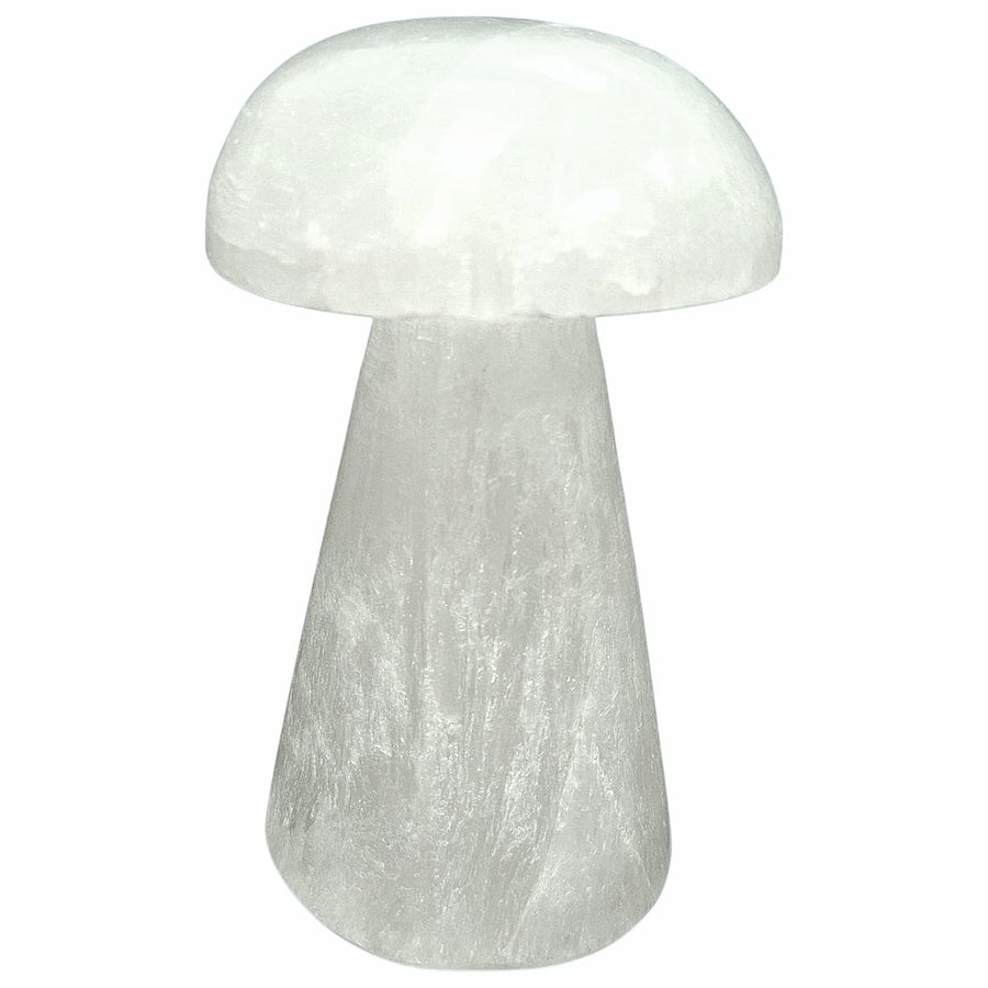selenite mushroom with smooth white finish – used for grounding energy, spiritual clarity, and crystal décor