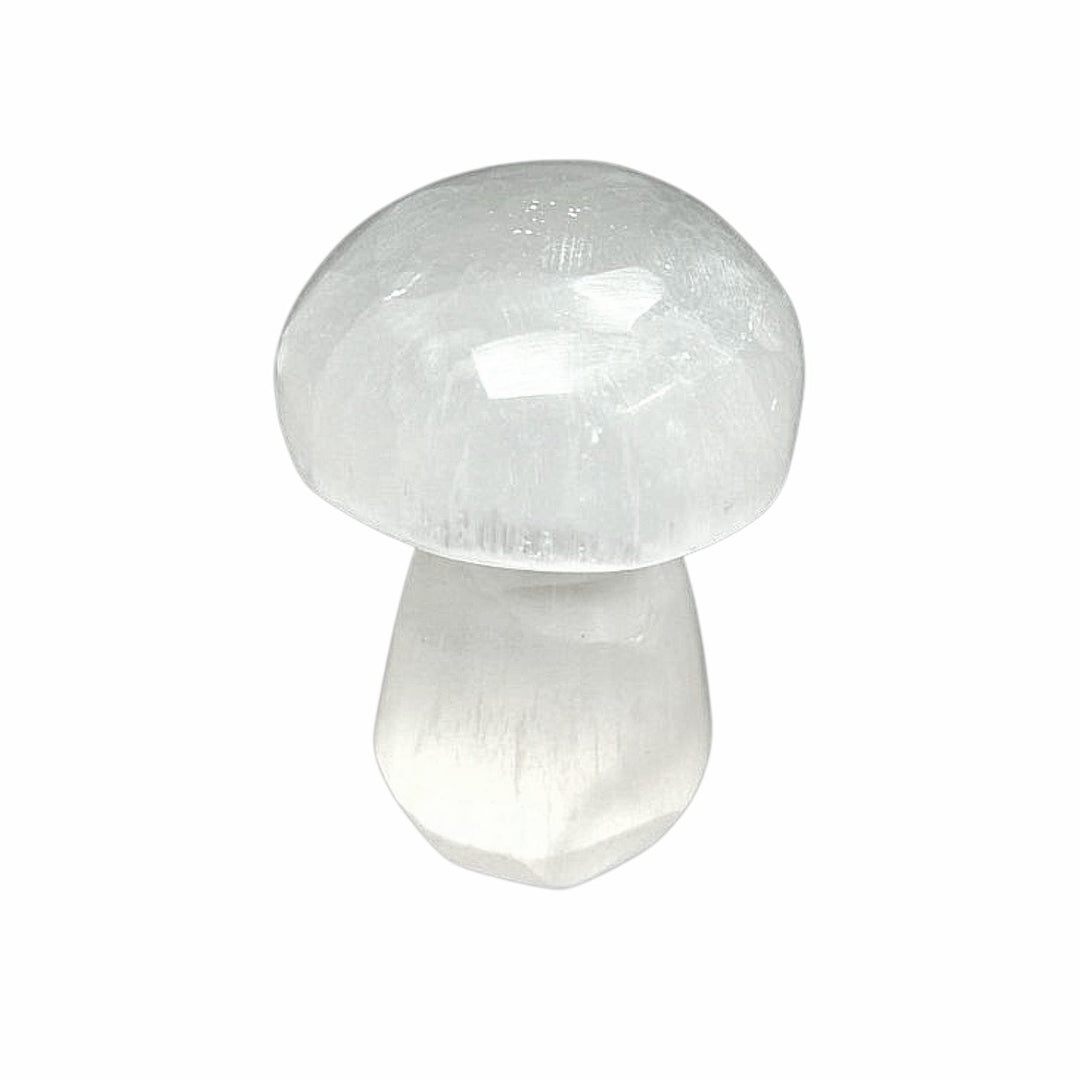  mini selenite mushroom hand-carved from white crystal – ideal for pocket use, meditation, and spiritual balance.