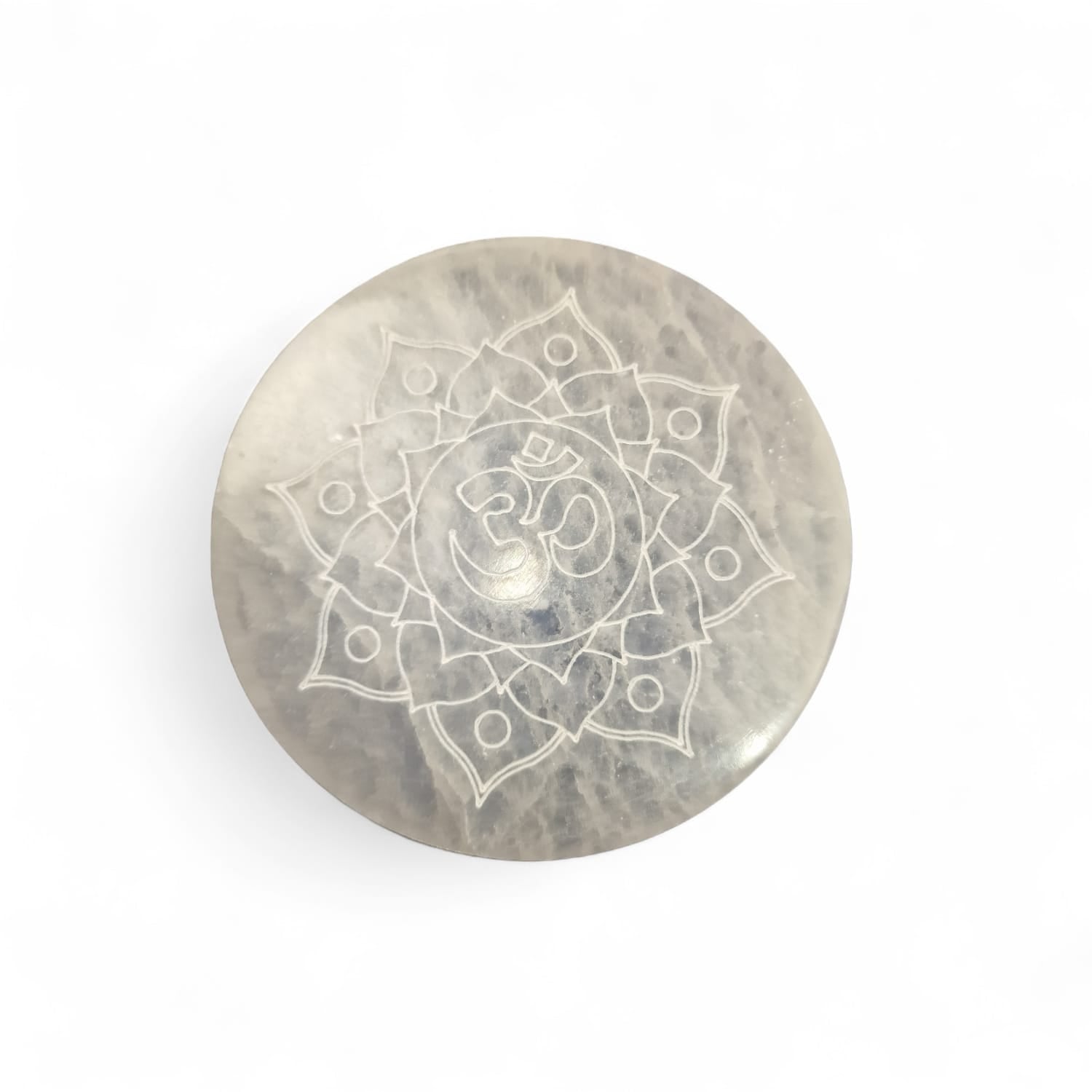 GeoFossils Selenite Ohm Charging Disc on White Background