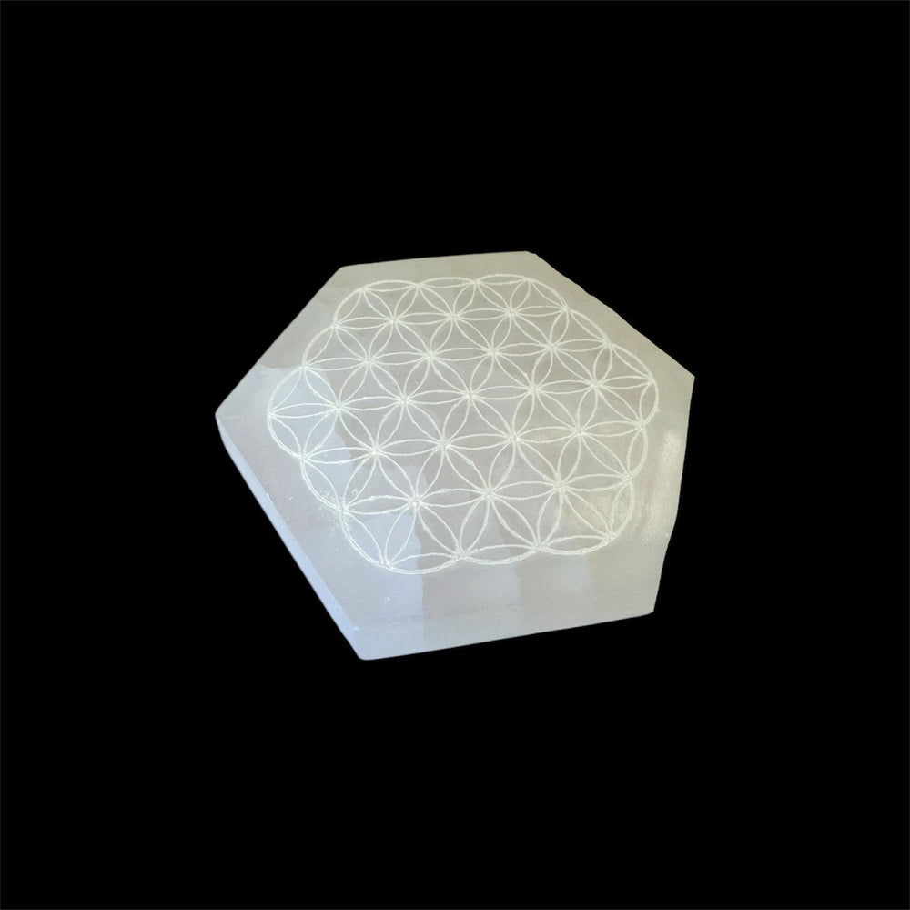 Hexagon Flower of Life Selenite Charging Disc shown at an angle, etched with the sacred Flower of Life design, used for enhancing crystal energy and alignment.