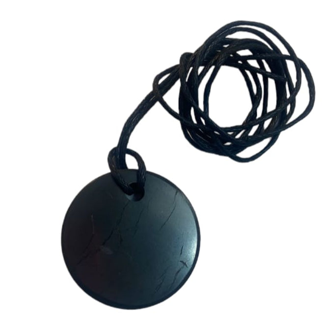 Shungite round pendant on black vegan cord, polished Karelia shungite for grounding and EMF protection
