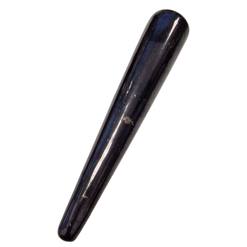 Glossy Shungite crystal wand in cylindrical shape with no sharp points, resting flat on a white background