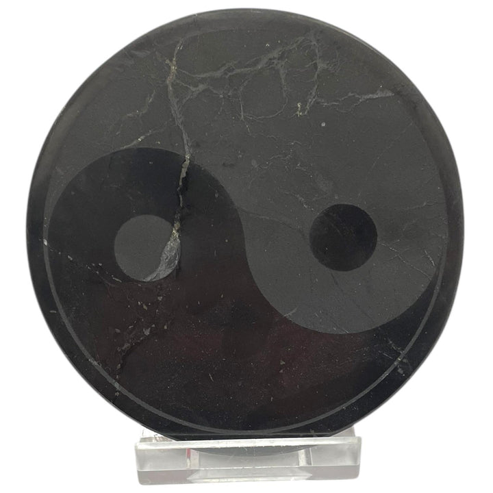 Shungite Yin Yang Charging Disc – polished black plate engraved with the Yin Yang symbol for balance and grounding