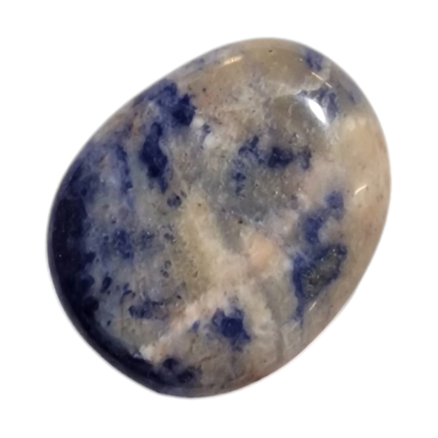 Sodalite Medium Oval – a deep blue crystal with white calcite streaks, known for mental clarity, communication, and intuition.