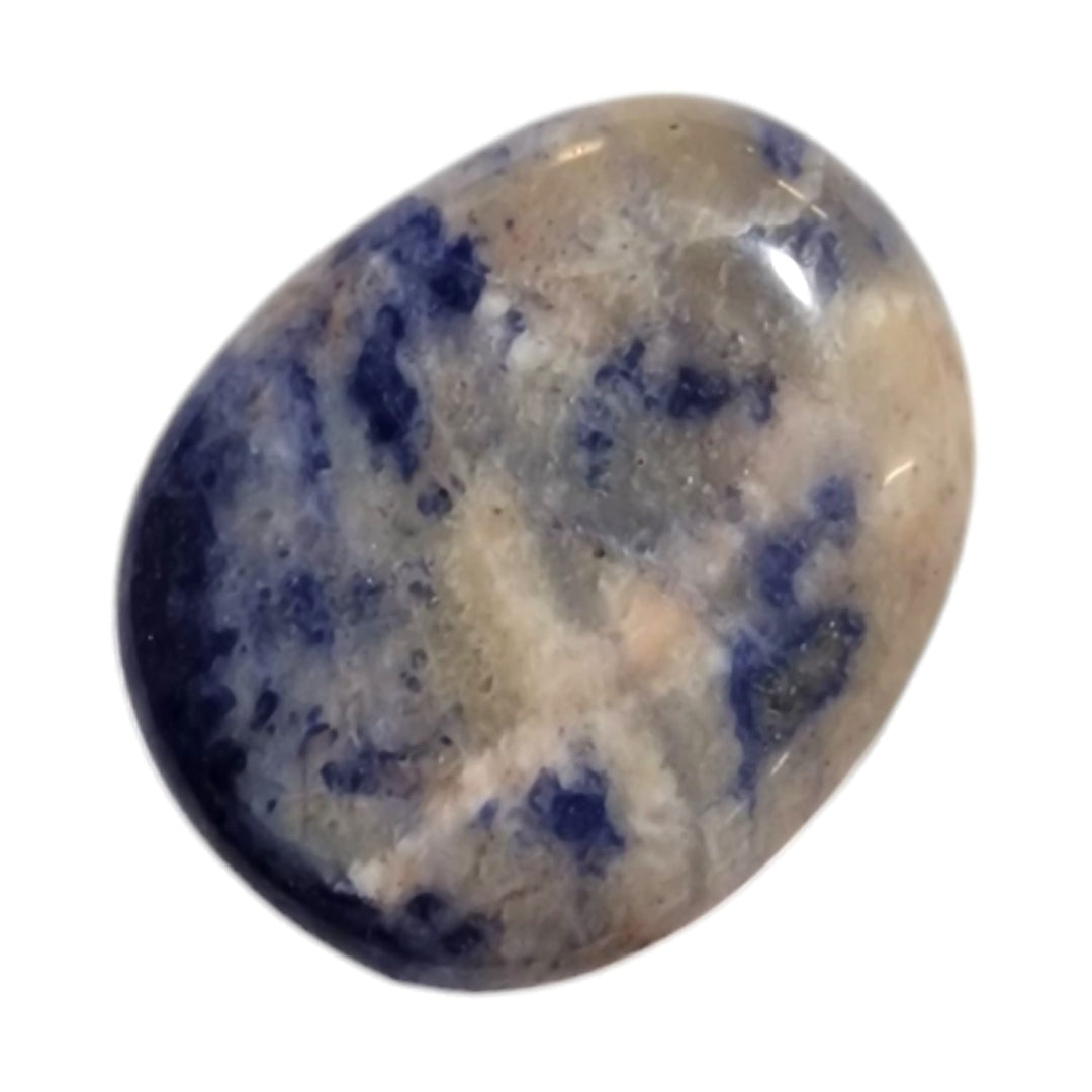 Sodalite Medium Oval – a deep blue crystal with white calcite streaks, known for mental clarity, communication, and intuition.