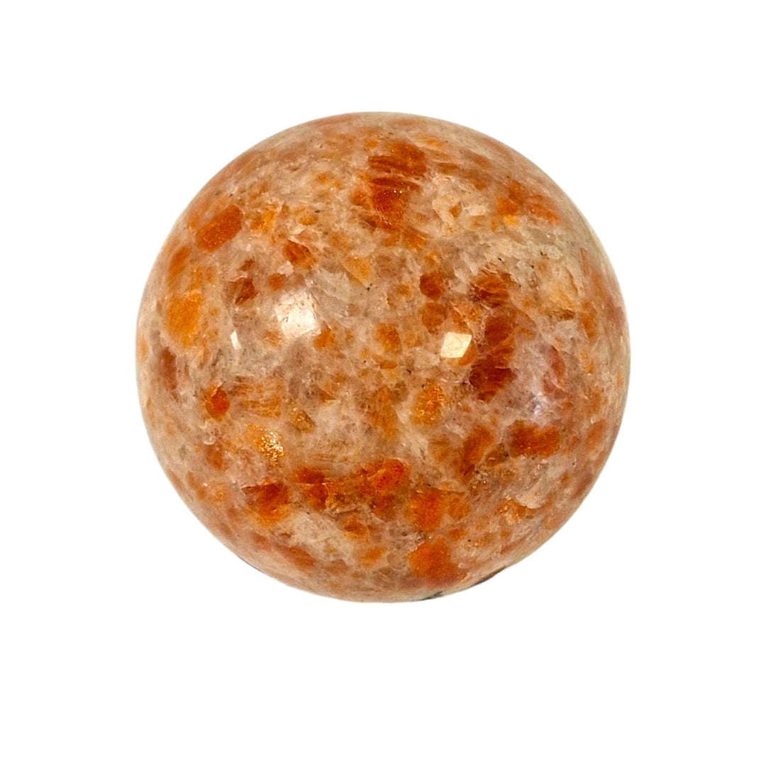 GeoFossils Polished Sunstone sphere with vibrant orange flash and shimmering inclusions, offered as a one-off in a live crystal auction.