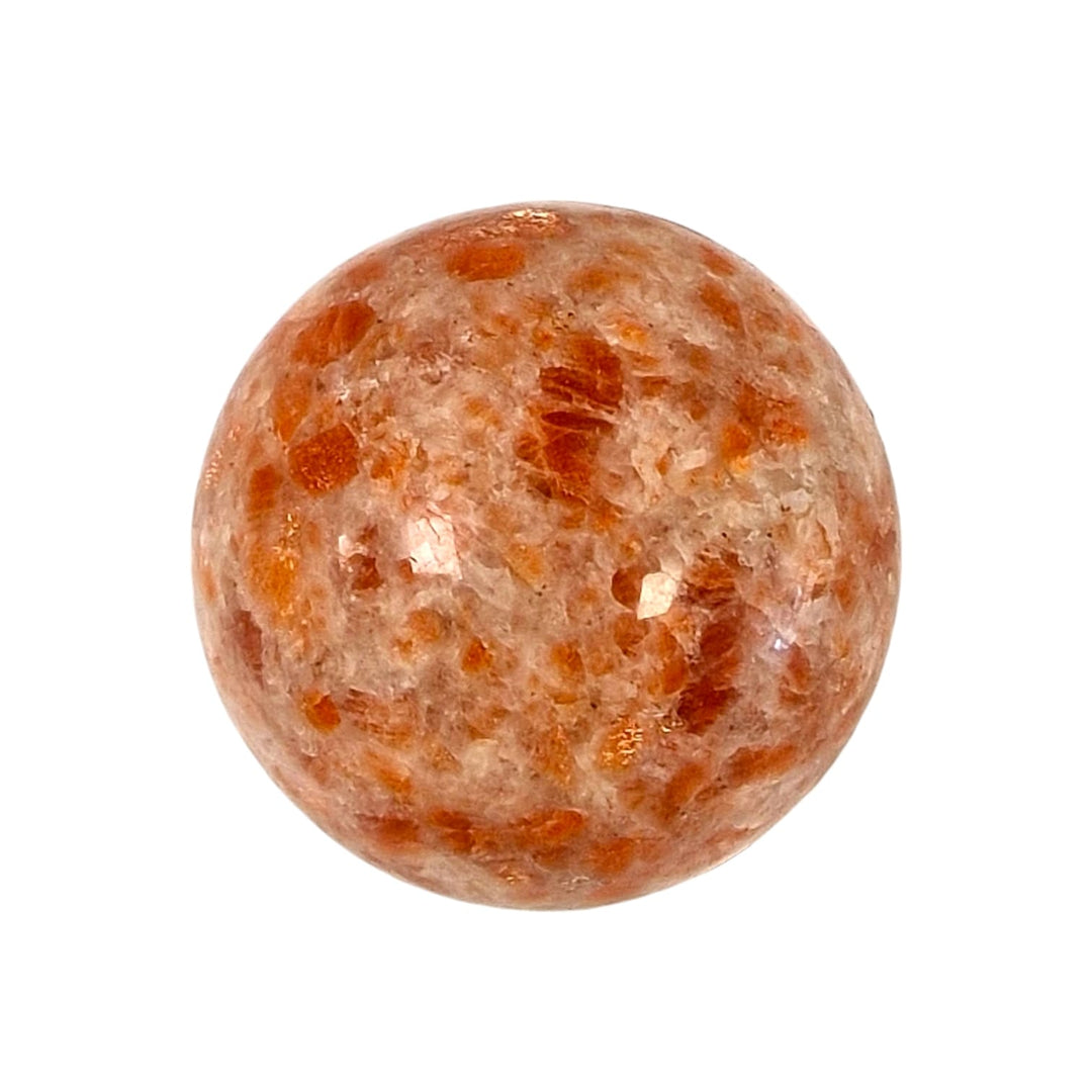 GeoFossils Polished Sunstone sphere with vibrant orange flash and shimmering inclusions, offered as a one-off in a live crystal auction.