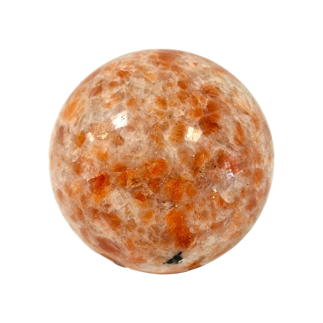 GeoFossils Polished Sunstone sphere with vibrant orange flash and shimmering inclusions, offered as a one-off in a live crystal auction.