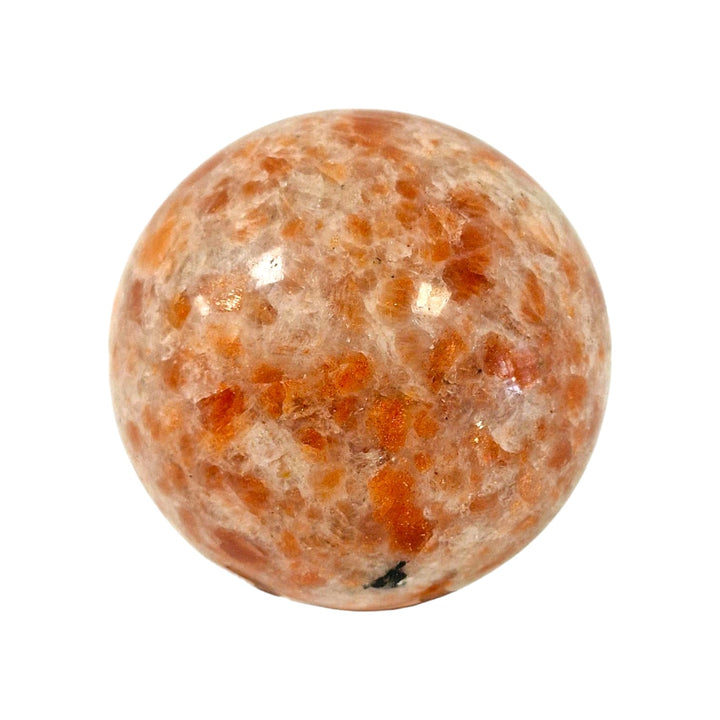 GeoFossils Polished Sunstone sphere with vibrant orange flash and shimmering inclusions, offered as a one-off in a live crystal auction.