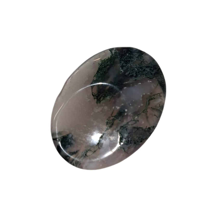 GeoFossils Green Moss Agate Thumbstone – translucent crystal with green moss-like inclusions for growth, balance, and emotional healing – smooth worry stone.