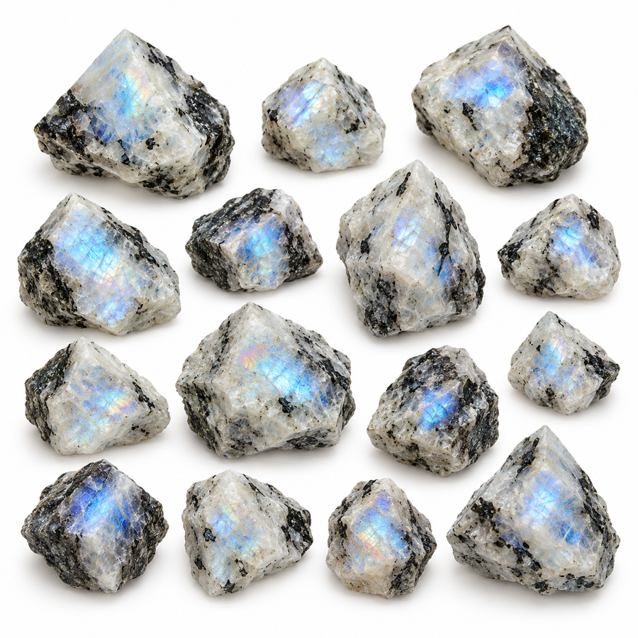 GeoFossils selection of 15 natural-shaped rainbow moonstone points in varied sizes with blue flash and dark inclusions on a white background