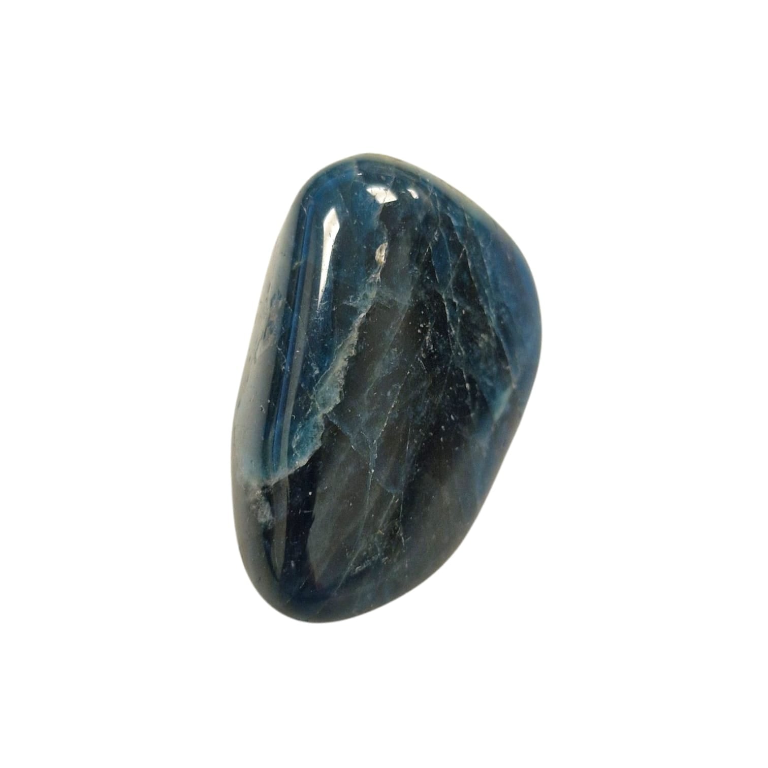 GeoFossils Blue Apatite Highly Polished Tumble Stone, a glossy ocean-blue crystal for creativity, clarity, and confident communication.