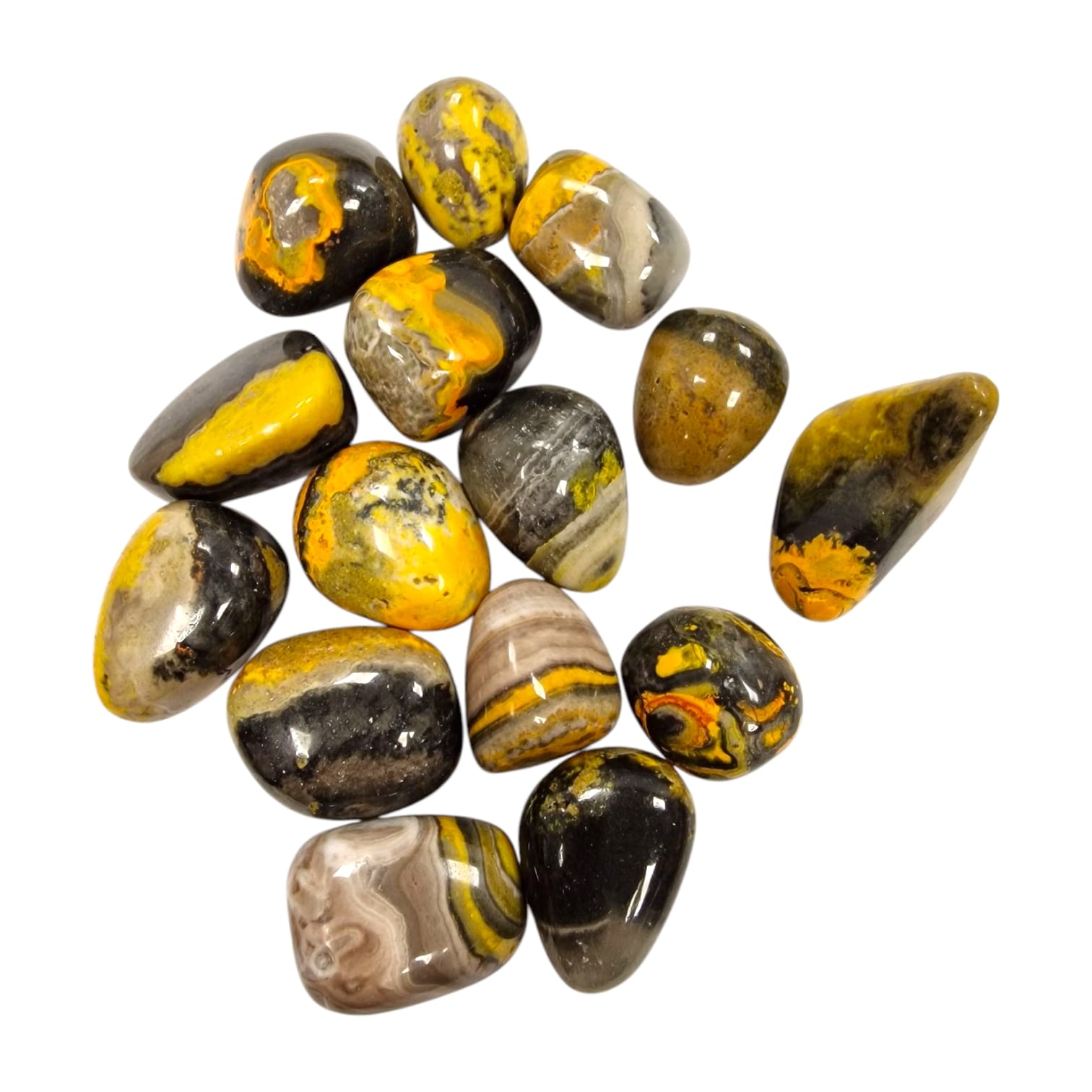 GeoFossils Bumblebee Jasper Tumble Stone, a vibrant yellow, orange, and black crystal for confidence, creativity, and personal empowerment