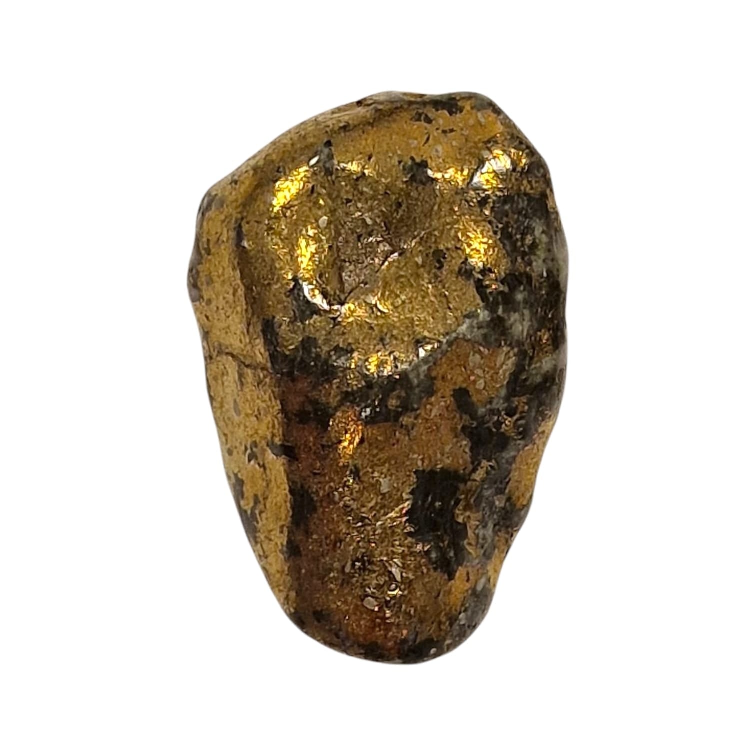 GeoFossils Chalcopyrite Rare Tumble Stone, a golden iridescent crystal for spiritual insight, energy clearing, and personal transformation.