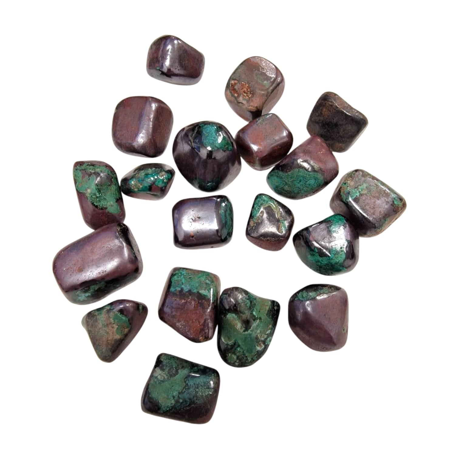 GeoFossils Cuprite Tumble Stone with Malachite inclusions, a rare red and green crystal for grounding, courage, and emotional healing.