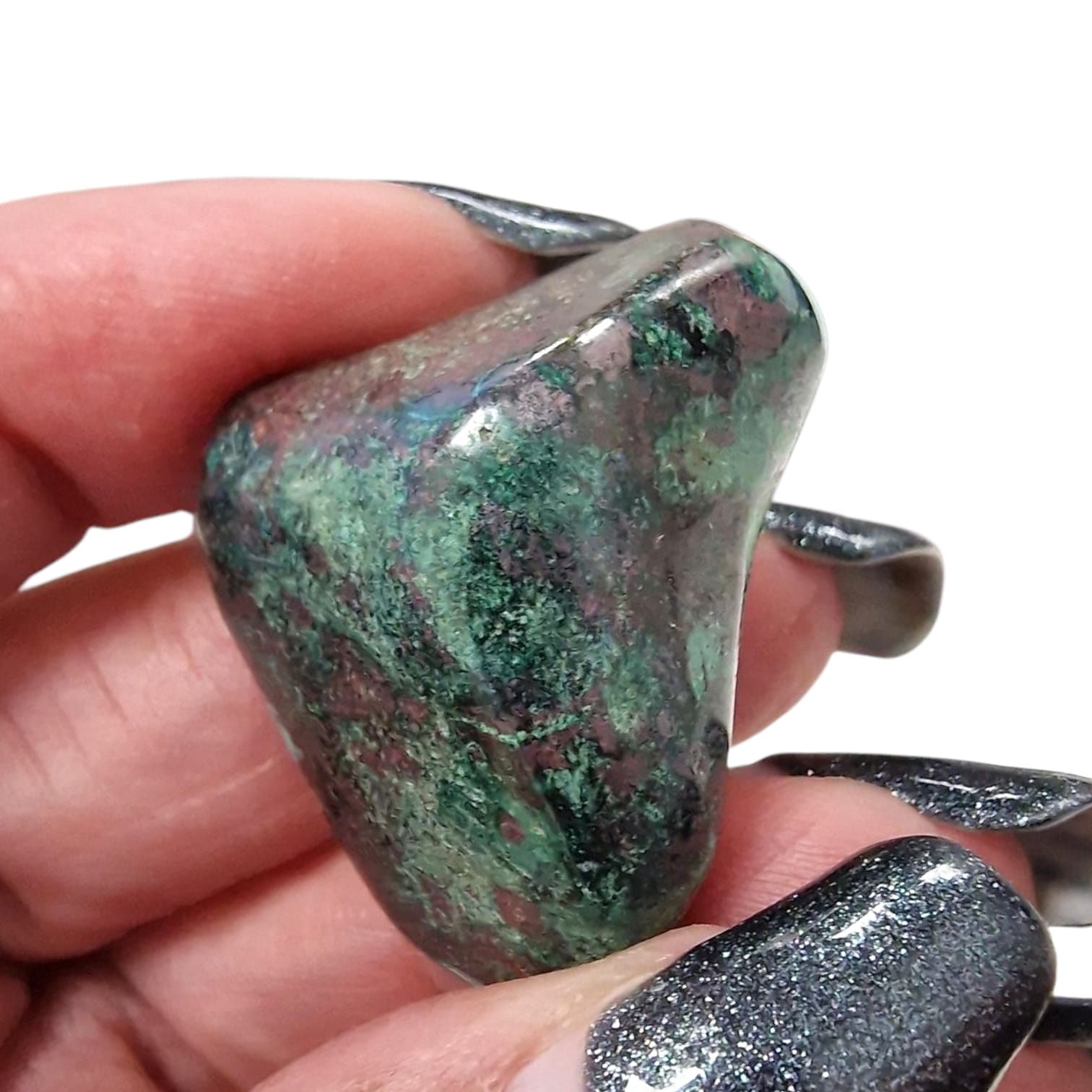 GeoFossils Cuprite Tumble Stone with Malachite inclusions, a rare red and green crystal for grounding, courage, and emotional healing.