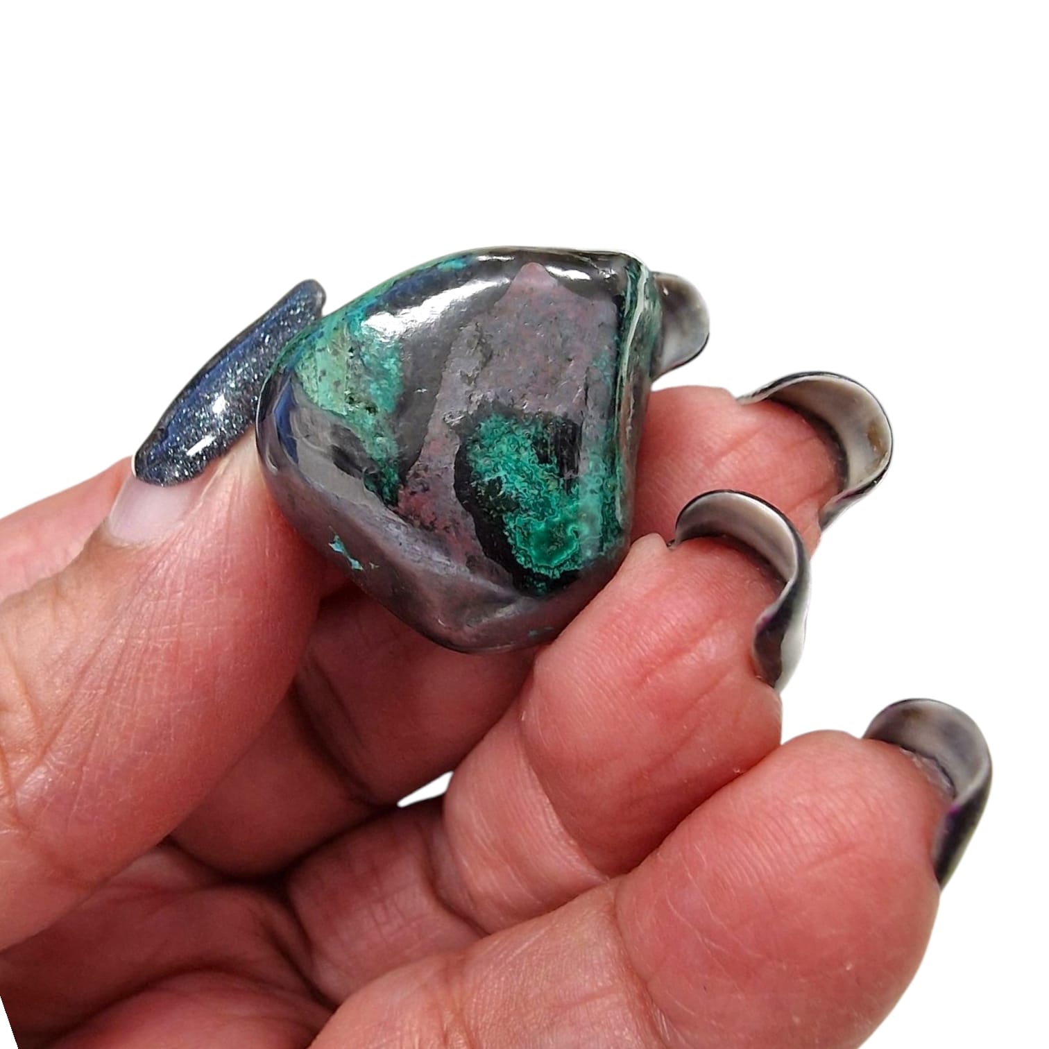GeoFossils Cuprite Tumble Stone with Malachite inclusions, a rare red and green crystal for grounding, courage, and emotional healing.