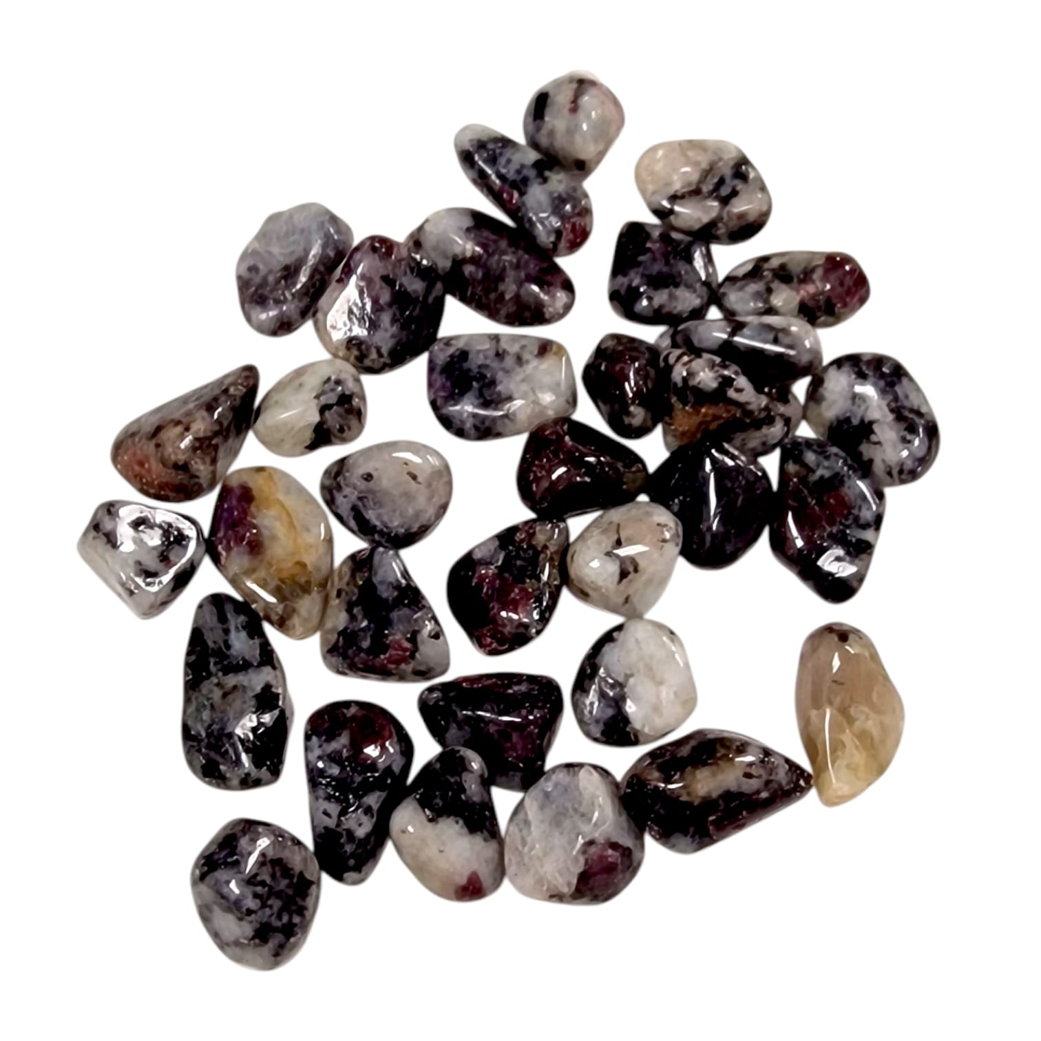 GeoFossils Garnet in Quartz Tumble Stone (Cherry Cake), featuring red almandine garnet, quartz, feldspar, and biotite for grounding, vitality, and emotional balance.