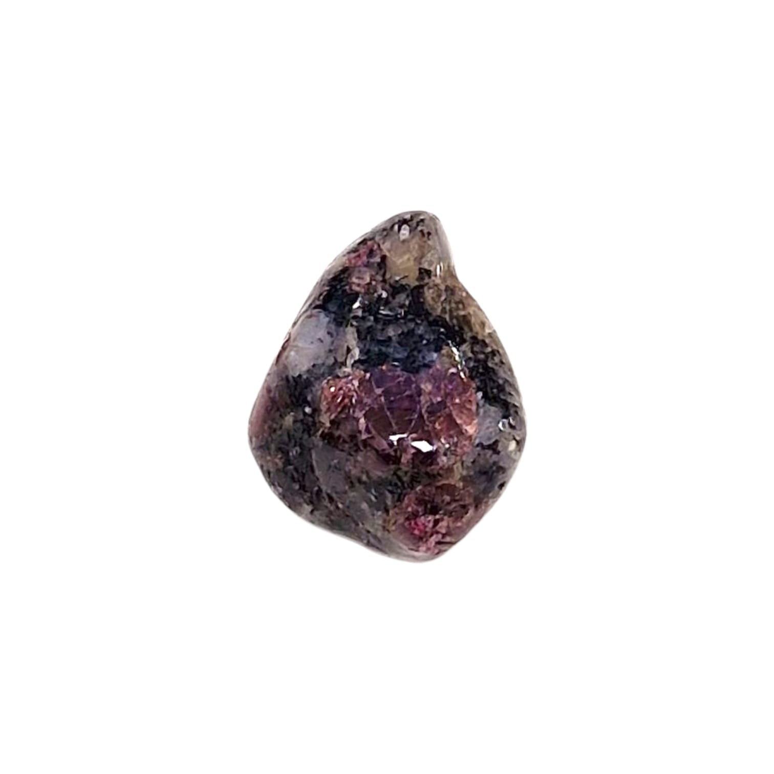 GeoFossils Garnet in Quartz Tumble Stone (Cherry Cake), featuring red almandine garnet, quartz, feldspar, and biotite for grounding, vitality, and emotional balance.