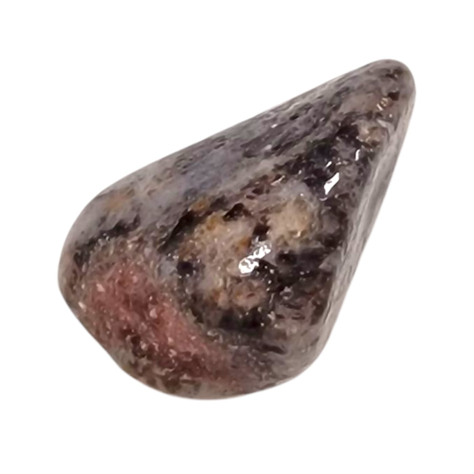 GeoFossils Garnet in Quartz Tumble Stone (Cherry Cake), featuring red almandine garnet, quartz, feldspar, and biotite for grounding, vitality, and emotional balance.