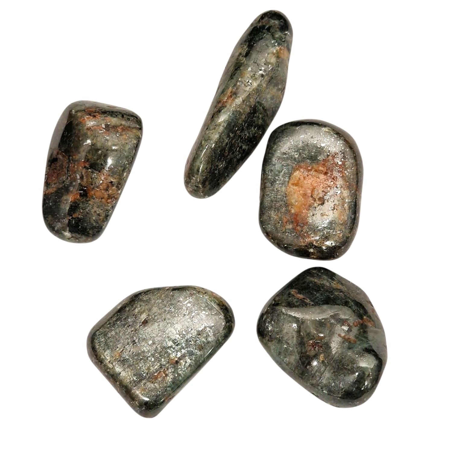 GeoFossils Garnet (Andradite) with Diopside Tumble Stone from Peru, an earthy crystal for strength, grounding, and emotional healing.
