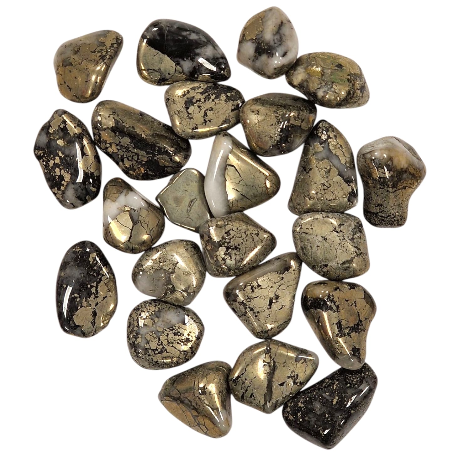 GeoFossils Healer’s Gold (Apache Gold) Tumble Stone, a blend of Pyrite and Magnetite for grounding, vitality, and energetic protection.