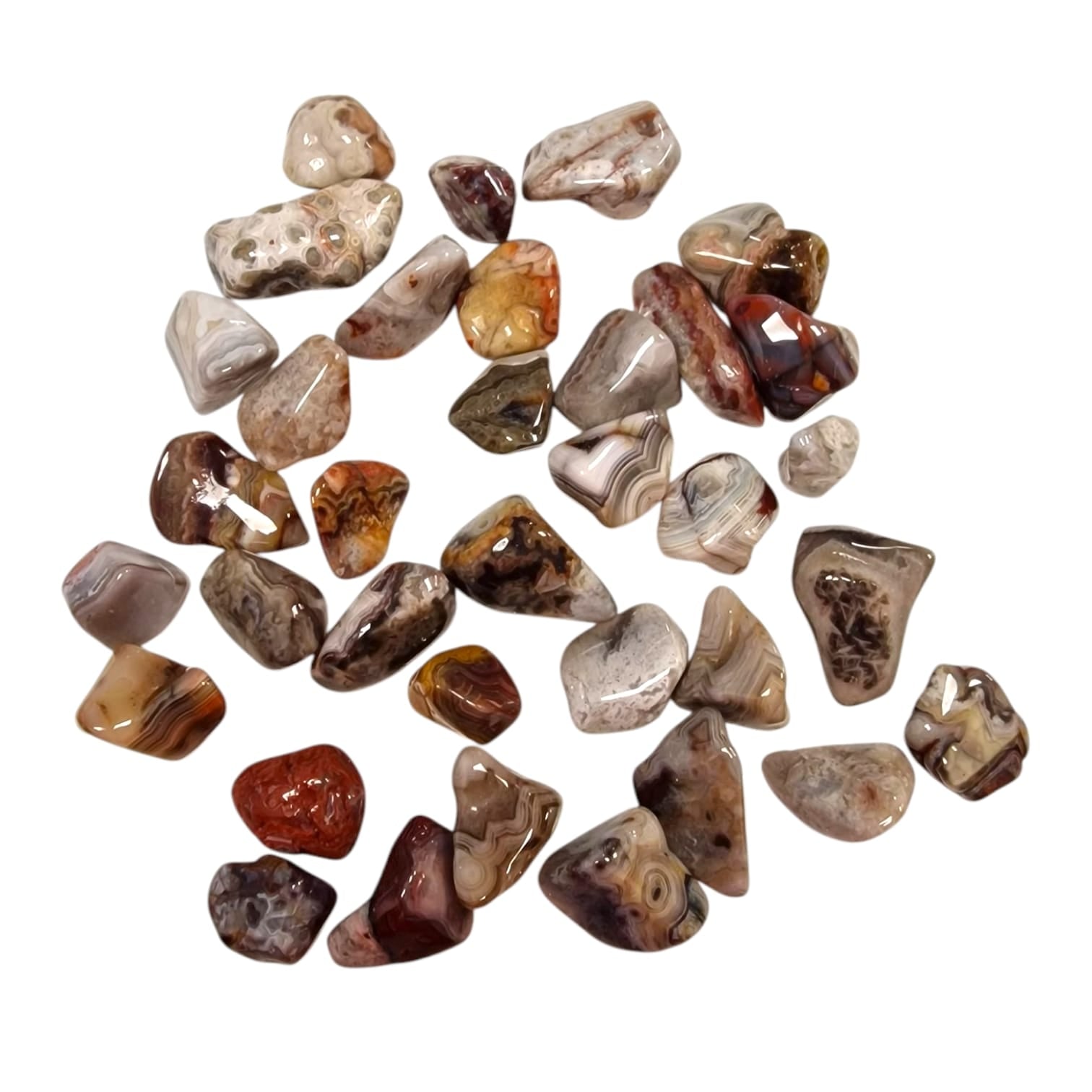 GeoFossils Laguna Agate Rare Tumble Stone, a beautifully banded red and pink agate crystal promoting grounding, strength, and emotional balance.
