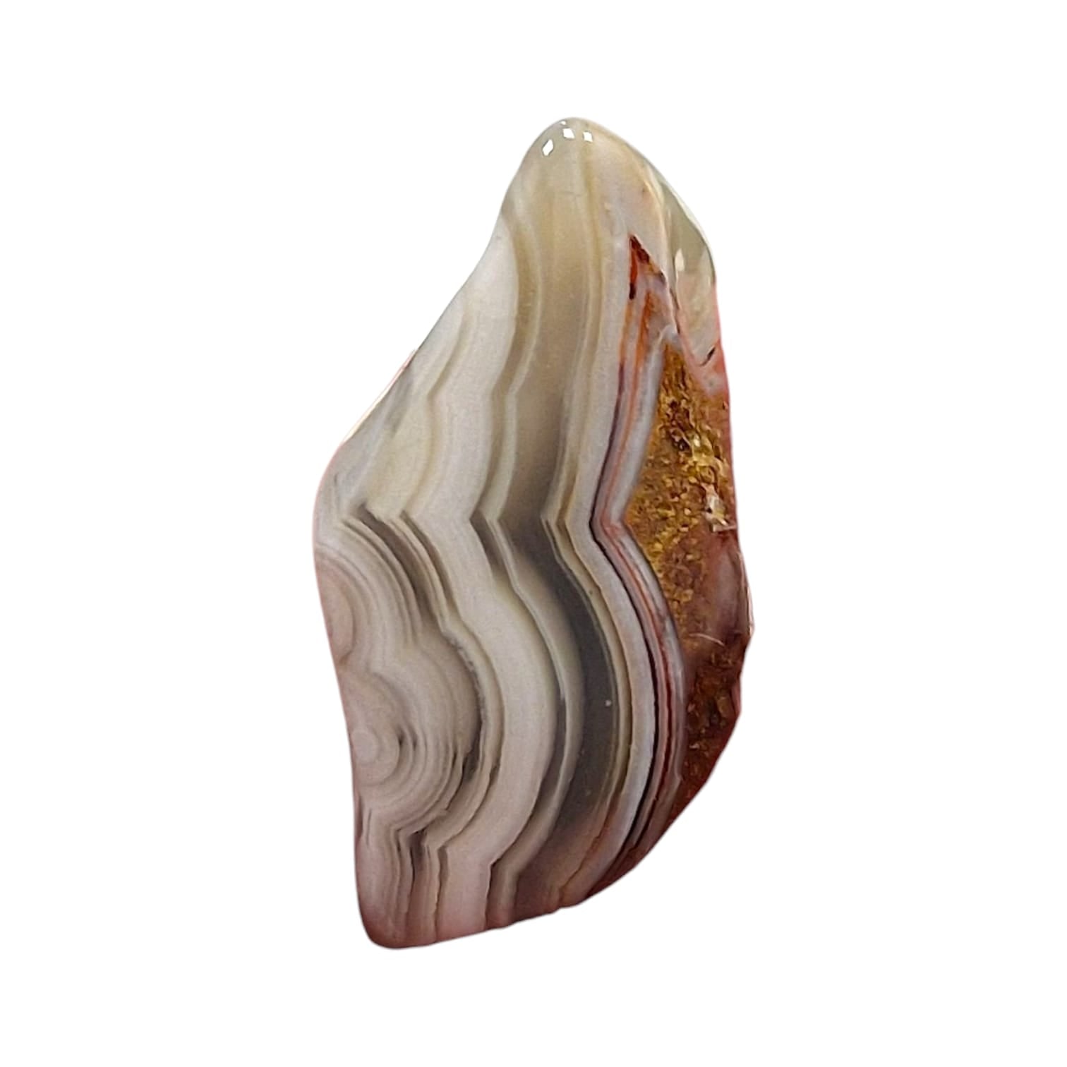 GeoFossils Laguna Agate Rare Tumble Stone, a beautifully banded red and pink agate crystal promoting grounding, strength, and emotional balance.